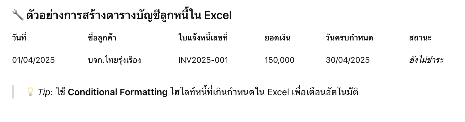 ตัวอย่างการสร้างตารางบัญชีลูกหนี้ใน Excel